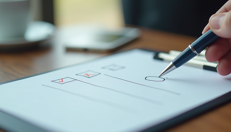 Procurement team reviewing a supplier due diligence checklist with compliance documents, financial risk notes, and an RFQ probity/anti‑collusion form on a desk