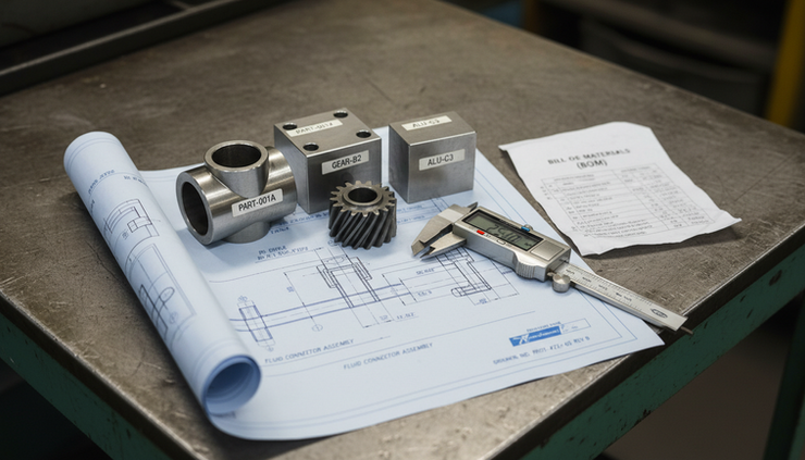 Close-up view of labelled sample parts and inspection tools on a factory bench.