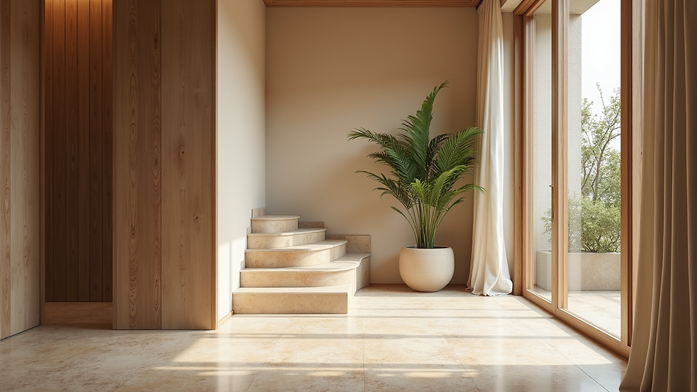 Eye-level view of a detailed interior showcasing sustainable materials