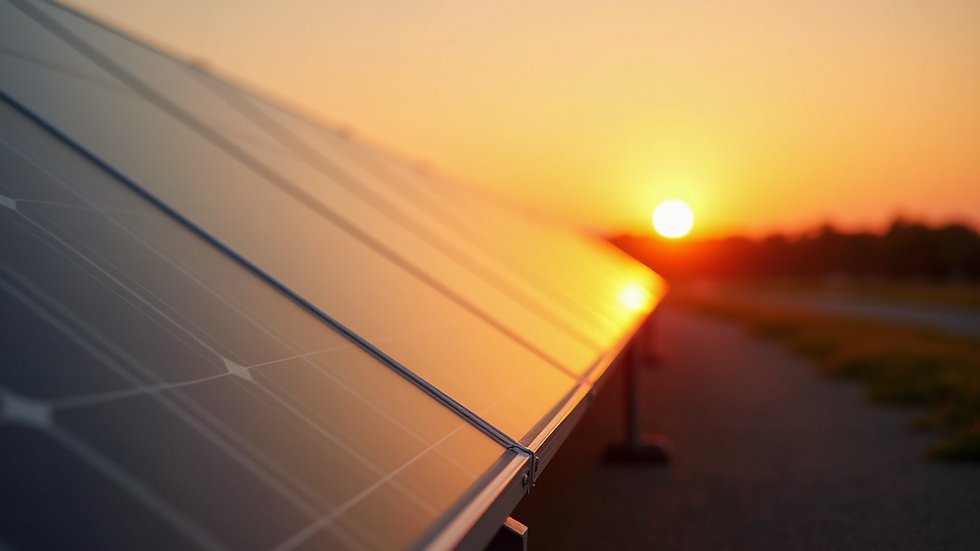 Eye-level view of a solar panel installation at sunrise