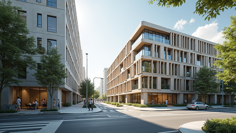 Wide angle view of a completed architectural project in an urban setting