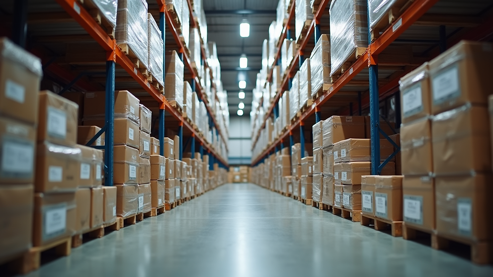Eye-level view of a supplier warehouse with stacked goods