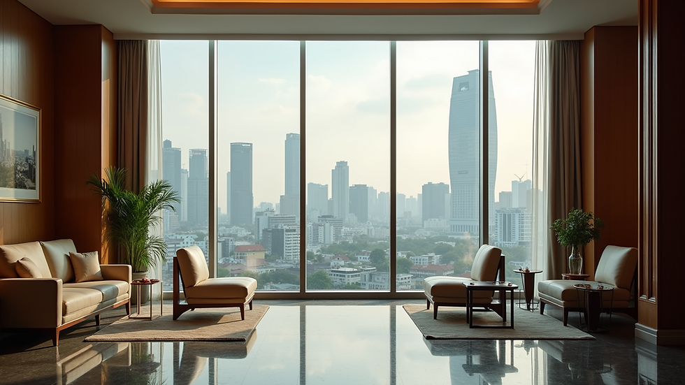 Premium hotel lobby with Bangkok skyline in the background