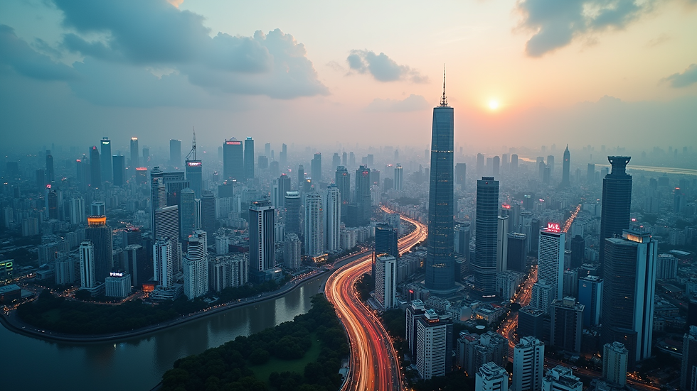 High angle view of a Vietnamese city skyline with digital connectivity symbols