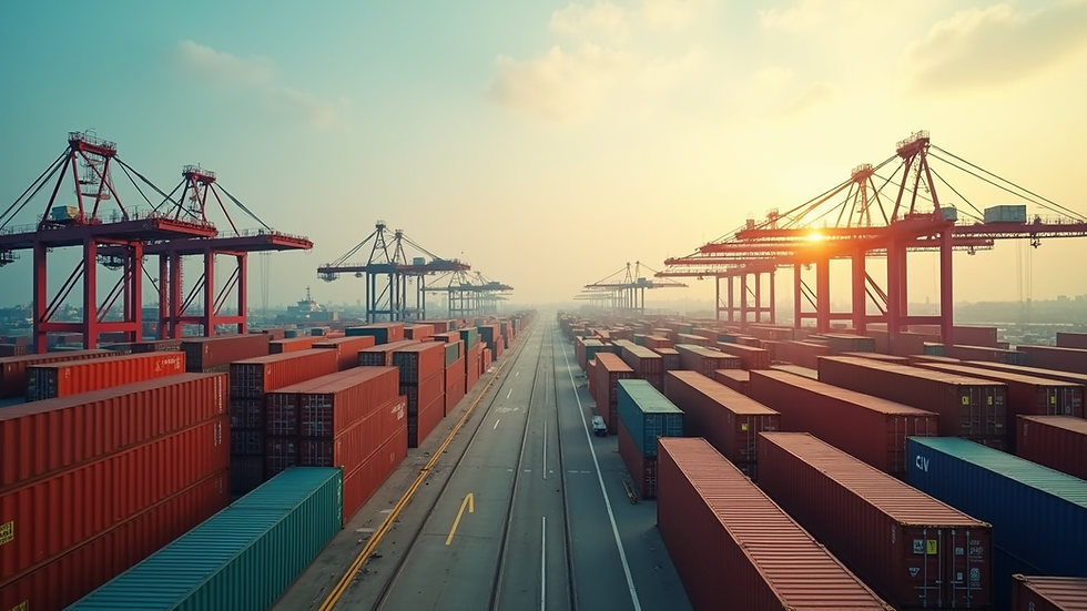 Eye-level view of a busy industrial port in Vietnam with shipping containers and cranes