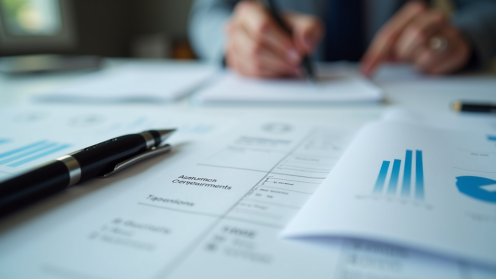 Close-up view of business documents organized neatly
