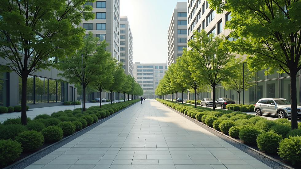 Wide angle view of a clean urban space with greenery and minimal traffic