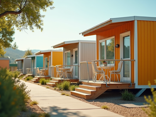 Modular housing units arranged in a modern co-living community, showcasing flexible layouts and sustainable design principles.