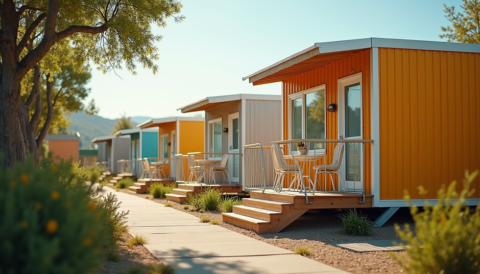 Modular housing units arranged in a modern co-living community, showcasing flexible layouts and sustainable design principles.