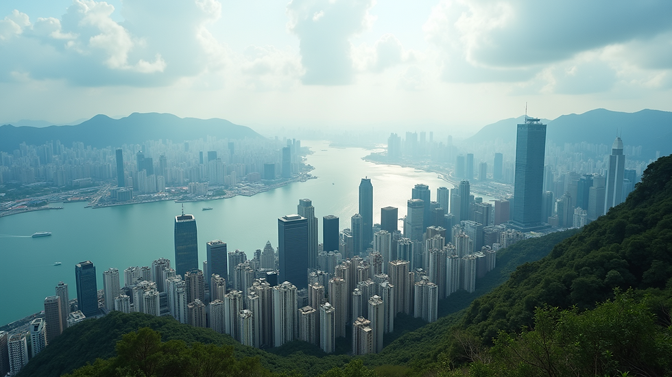 Wide angle view of Hong Kong skyline and harbor