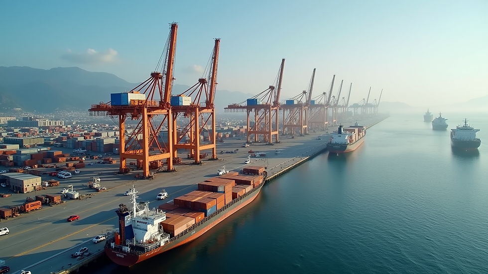 High angle view of a busy port undergoing expansion