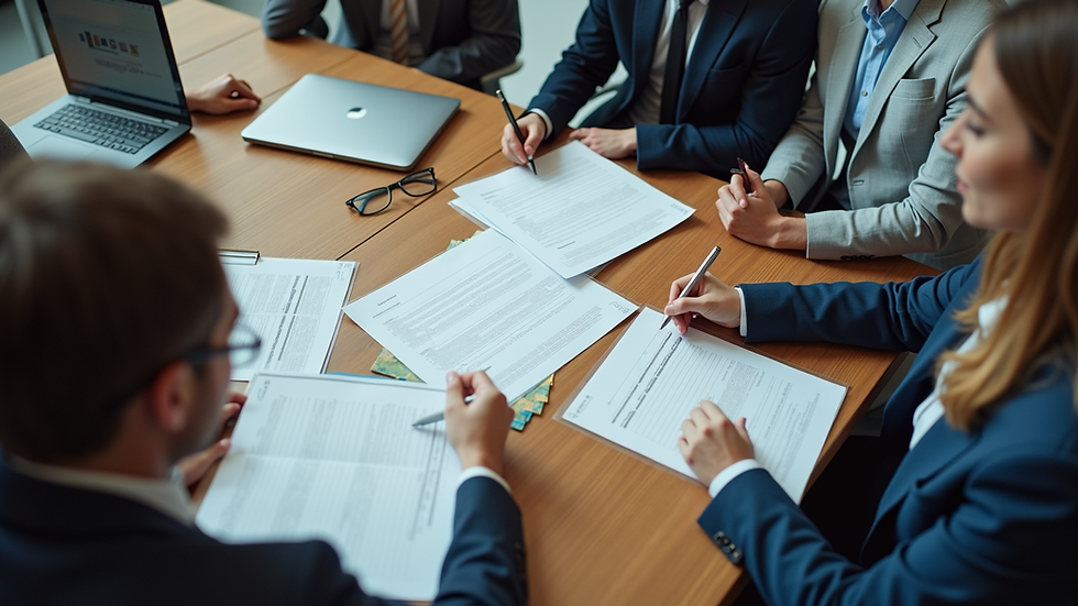 High angle view of a business meeting with documents and laptops on the table