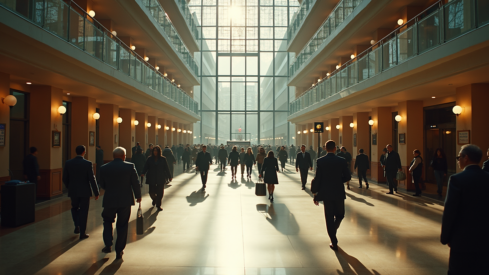 High angle view of a busy urban hotel lobby