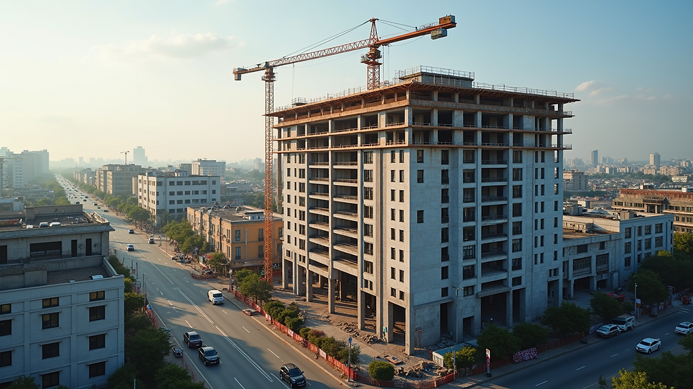 High angle view of new hotel construction in a bustling urban area
