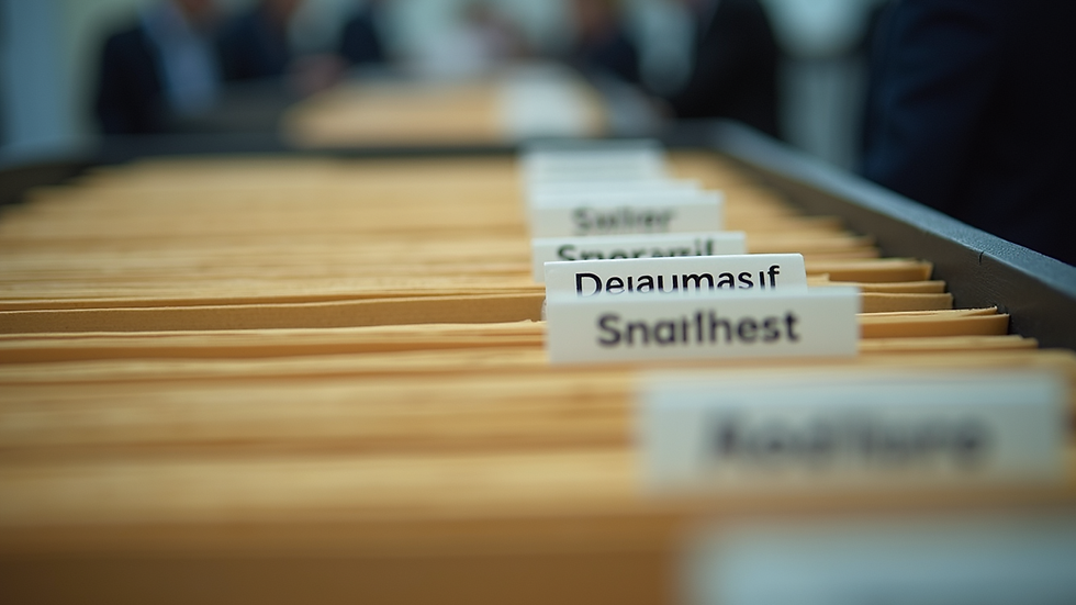 Eye-level view of a neatly organised document folder with labelled files