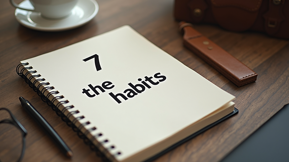 High angle view of a notebook with the 7 habits written and highlighted