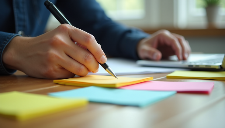Close-up view of a person writing a quick to-do list on sticky notes