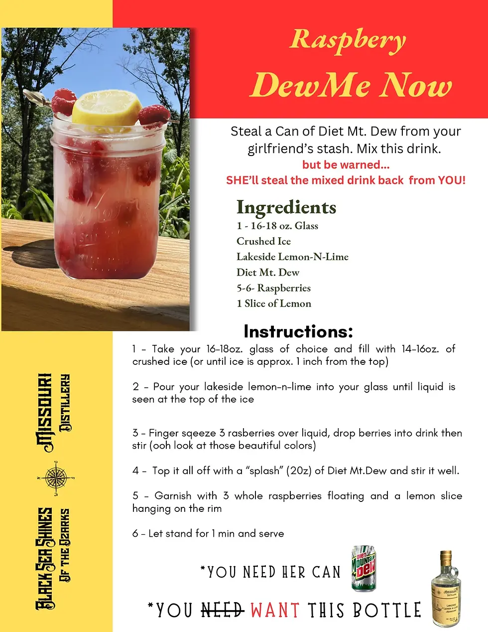 Raspberry lemon moonshine cocktail with lemon slice and raspberries for Raspberry Dew Me Now