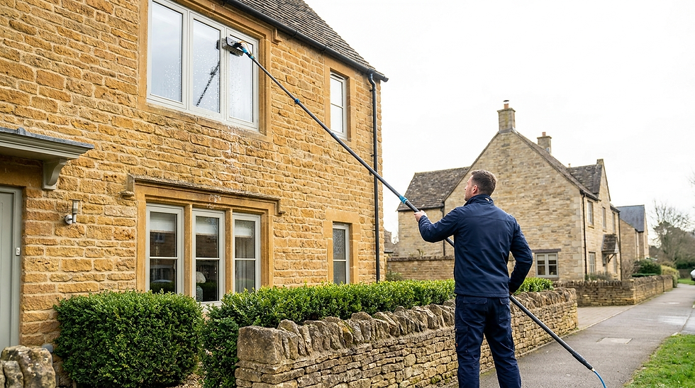 Window cleaner using a water-fed pole to clean upstairs windows on a stone house in Banbury, Oxfordshire