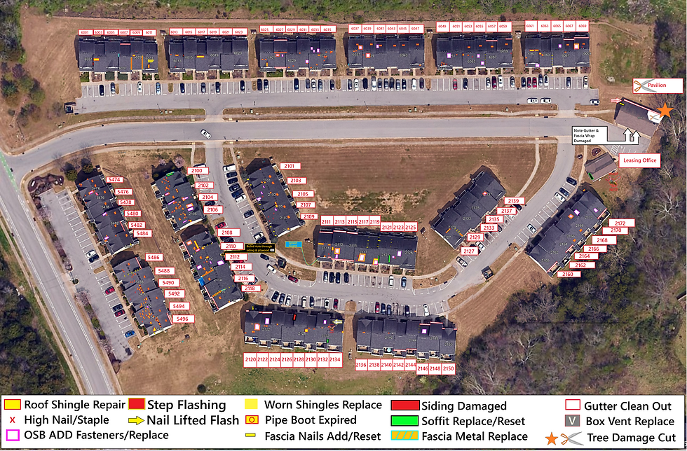 High Resolution Overview Image of all 98 Roofs Allows the P.M. to Zoom in on specific Units and Items.