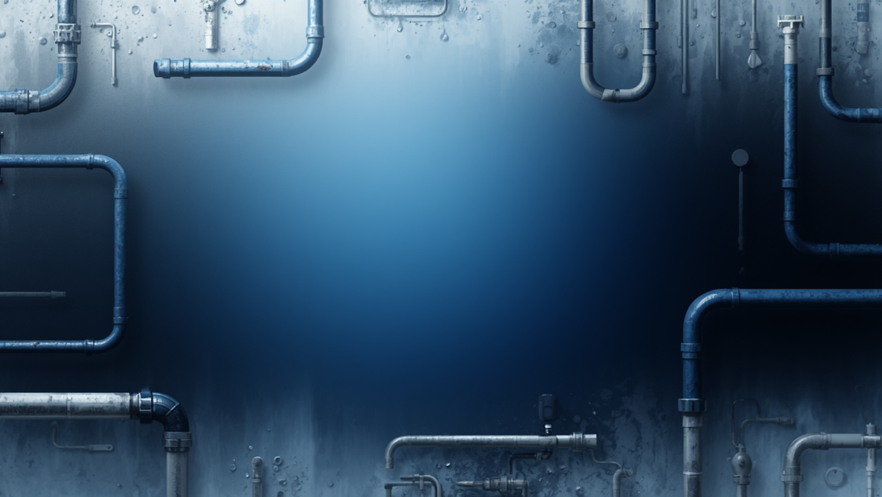 Blue industrial pipes on grunge wall, central light, reliable plumbing in MA.