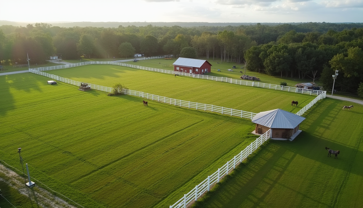 High angle view of a horse farm with green pastures and white fences in Marion County