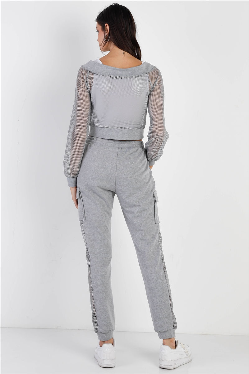 Thumbnail: Heather Grey Contrast Fishnet Zip-up Top & Pants Set