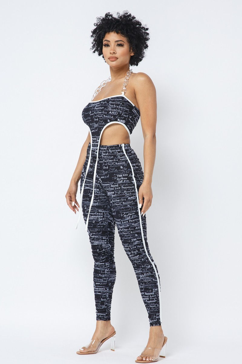 Thumbnail: Mesh Print Crop Top With Plastic Chain Halter Neck With Matching Leggings