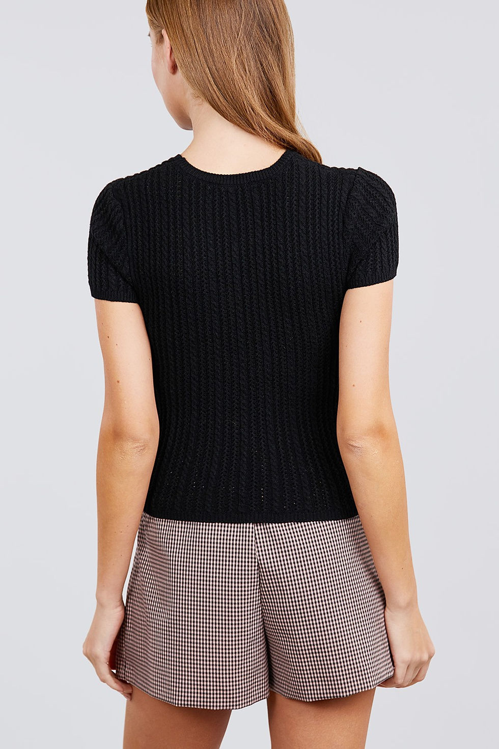 Thumbnail: Short Slv Crew Neck Pointelle Sweater Top