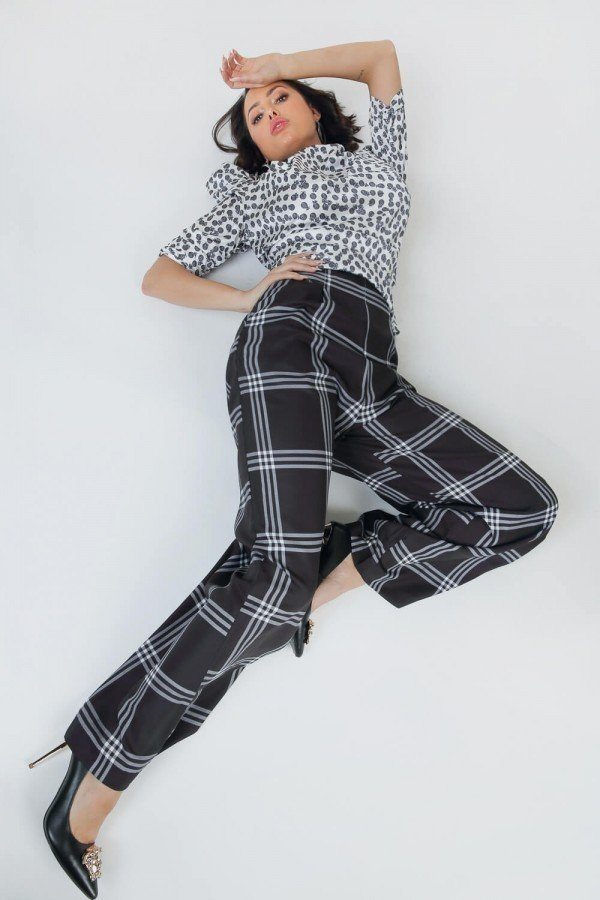 Thumbnail: High Waist Plaid Print Wide Leg Pants