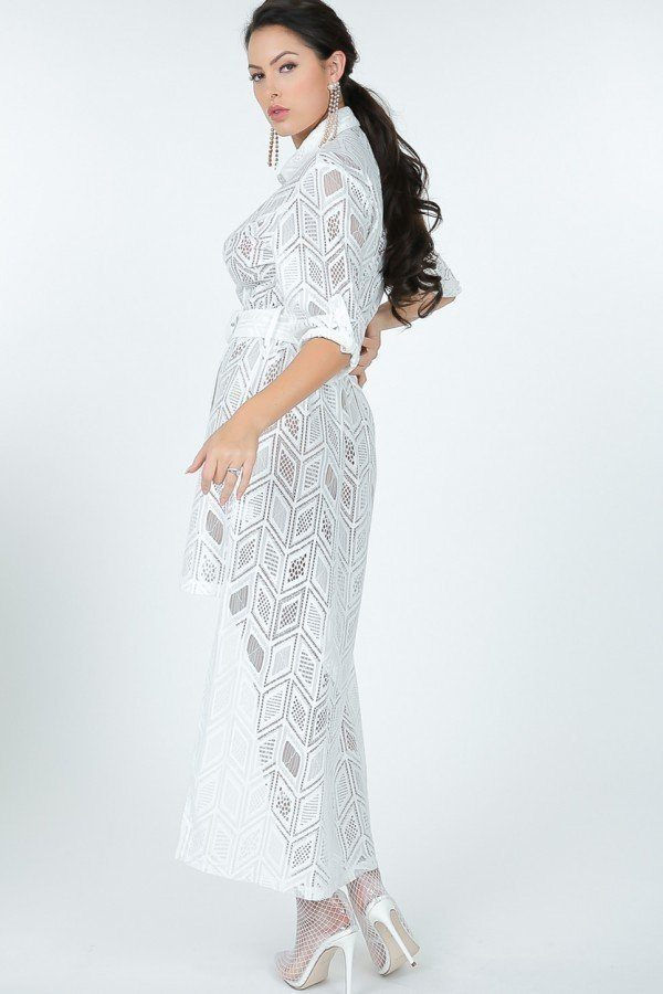 Thumbnail: Belted Hi Low Placket Lace Shirt Dress