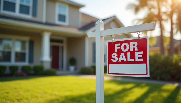Close-up view of a "For Sale" sign in front of a suburban home in Marion County