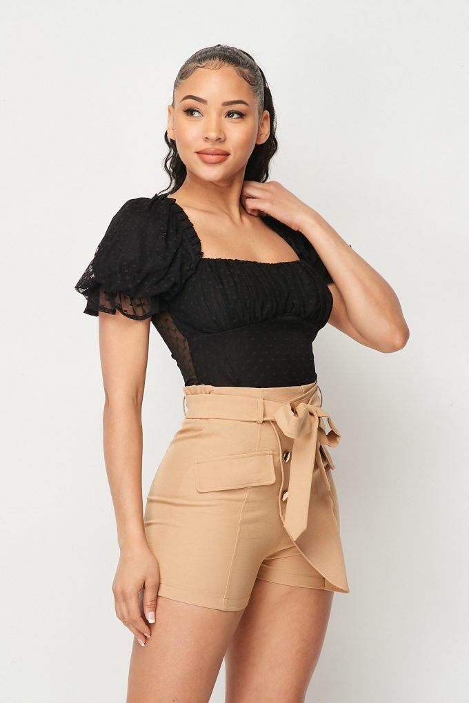 Thumbnail: Luxe Polkadot Stretch Mesh Puff Sleeve Bodysuit