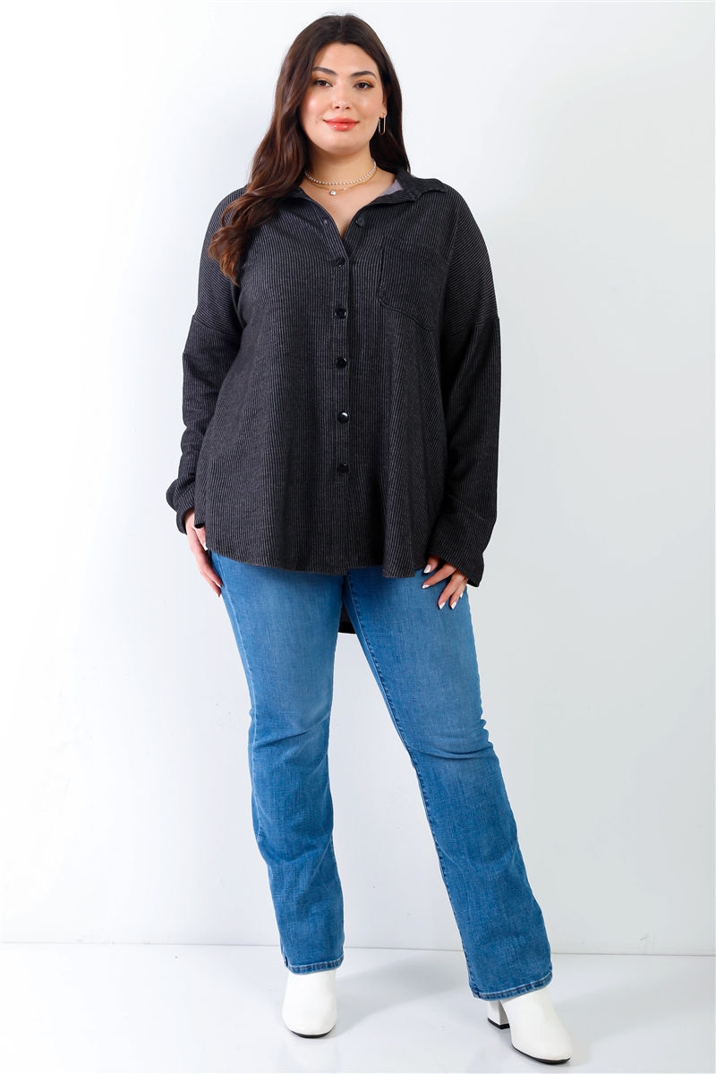 Thumbnail: Plus Black Ribbed Collared Button Up Shirt Top