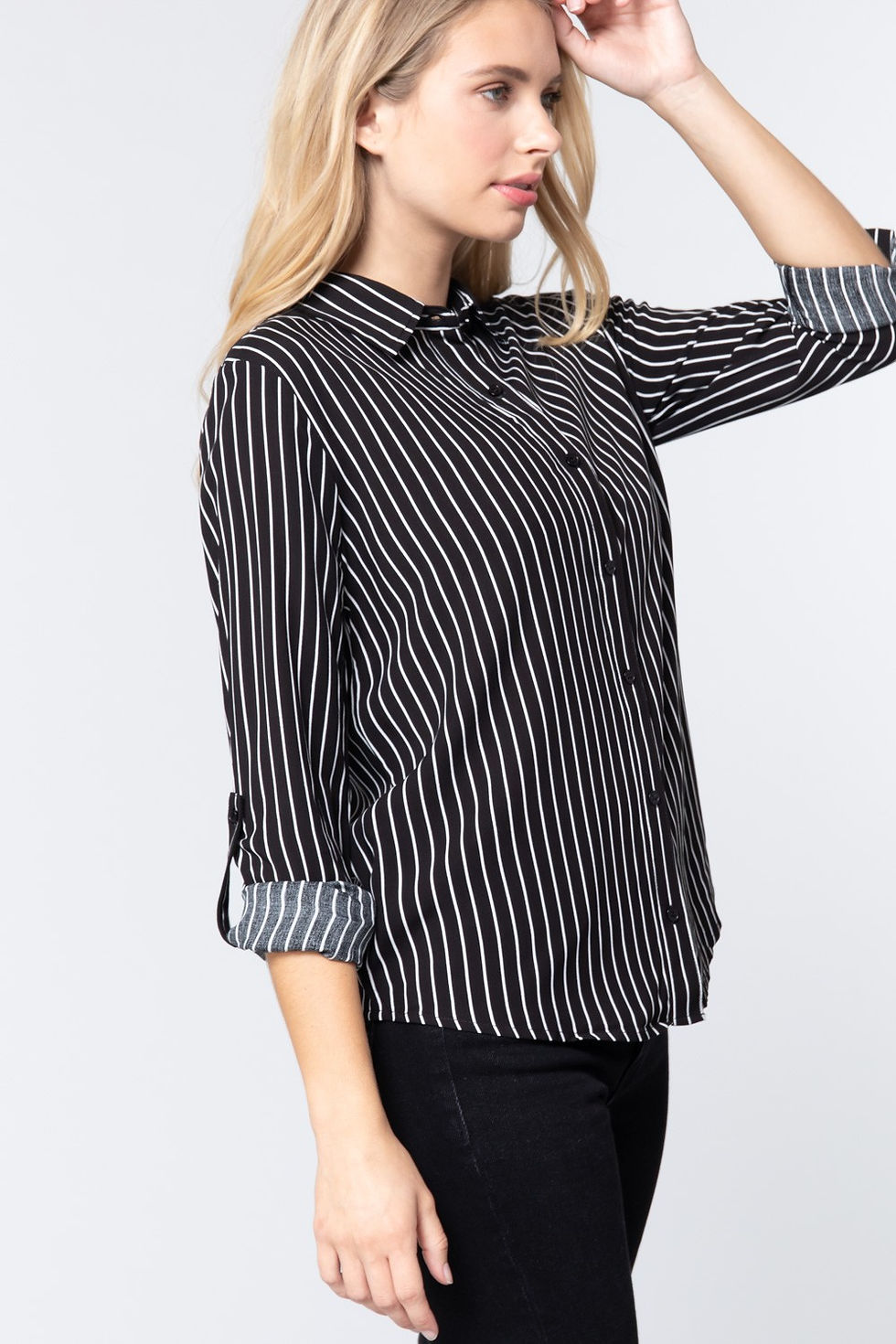 Thumbnail: 3/4 Roll Up Slv Stripe Print Shirt