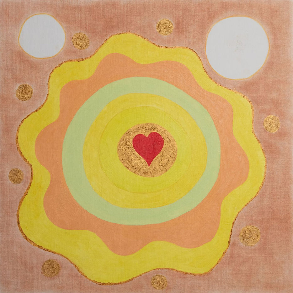 Hand painted card motif from the Colourandlife card deck, golden heart in concentric circles on terracotta
