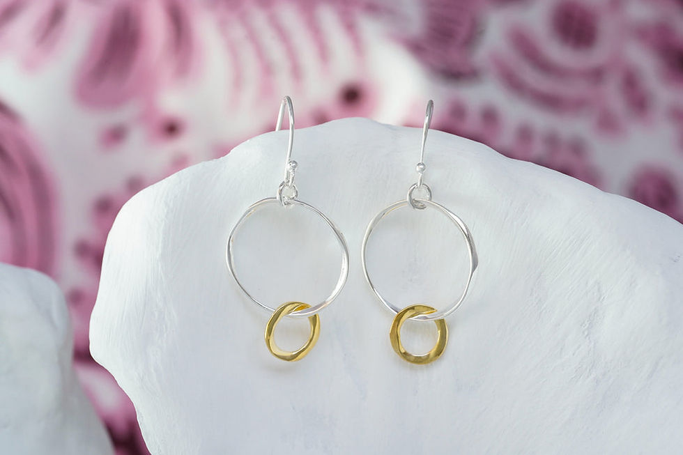 Thumbnail: Handmade Two Tone Silver and Gold Loop Earrings