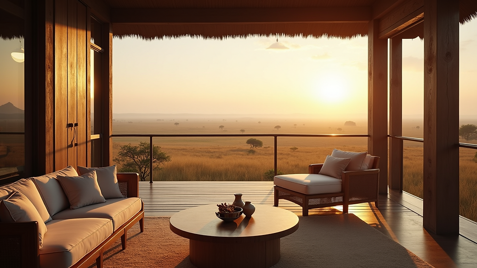 Wide angle view of luxury lodge with panoramic views of the Serengeti plains