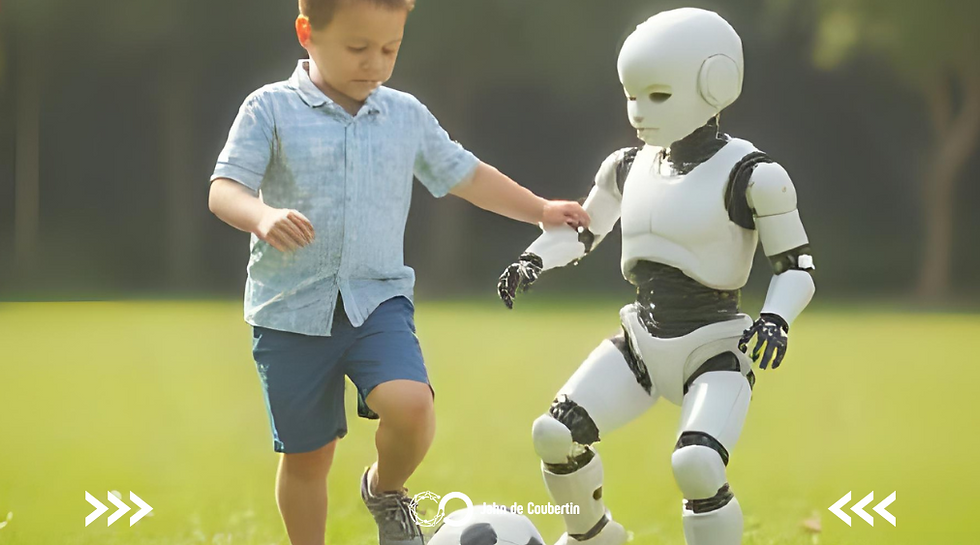 Un niño jugando futbol con un robot