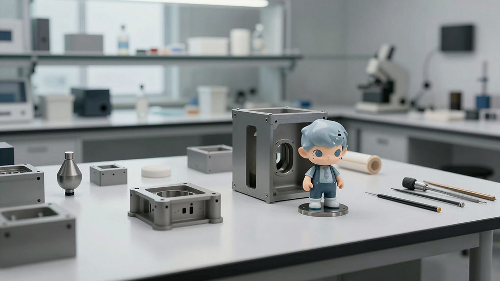 Small blue-haired art toy mold design on a laboratory table