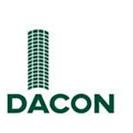 Logotipo DACON: prédio verde e nome da empresa