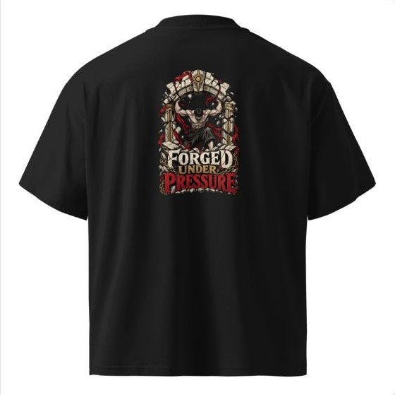 Forged Under Pressure black oversized high-neck tee, complete back with statement artwork