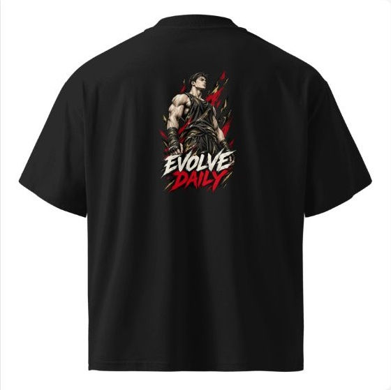 Evolve Daily black oversized high-neck tee, complete back with statement artwork