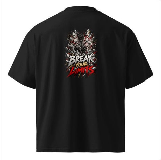 Break Your Limits black oversized high-neck tee, complete back with statement artwork
