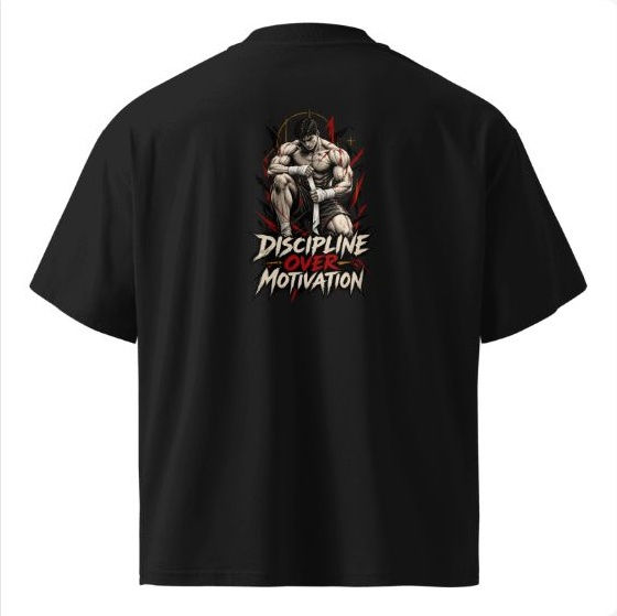 Discipline Over Motivation black oversized high-neck tee, complete back with statement artwork