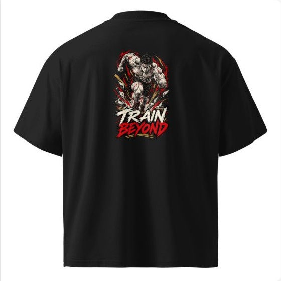 Train Beyond — complete black shirt back, Printful product mockup