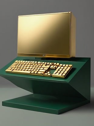 a gold computer on a dark green pedestal .jpg