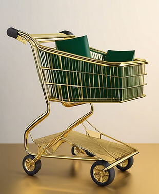 shopping cart on a pedastle, gold, dark green, and gray.jpg