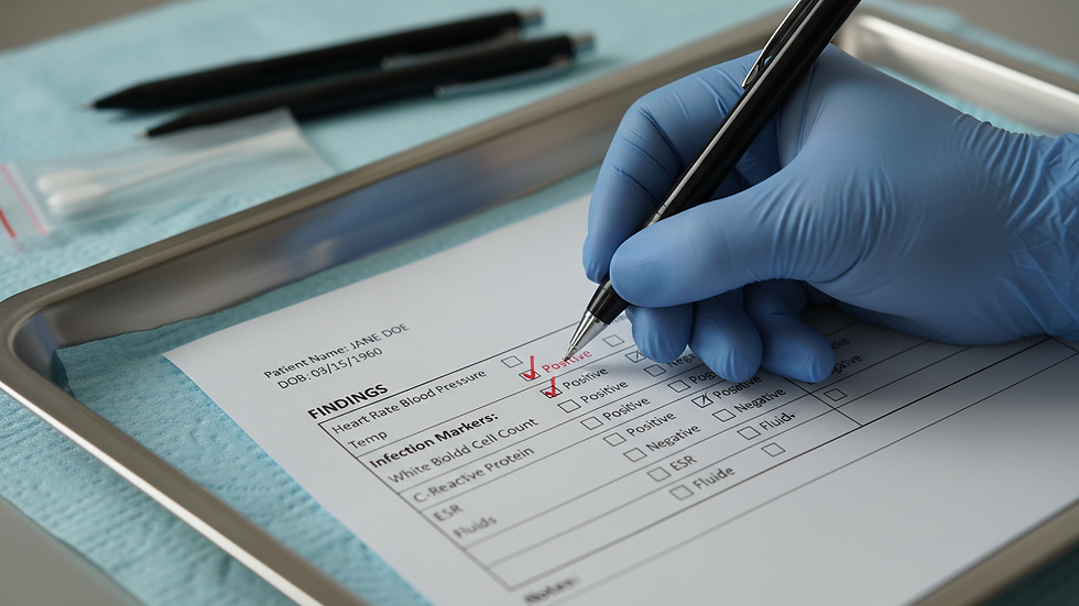Close-up view of a gloved hand marking findings on a paper clinical chart.