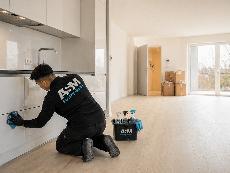 ASM Facility GmbH bei der gründlichen Reinigung von Küchenfronten und Wohnungsoberflächen im Rahmen einer professionellen Umz
